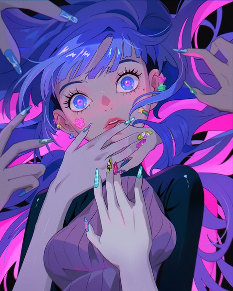 Anime picture 2500x3125 with original eggychan single long hair tall image looking at viewer fringe highres blue eyes blue hair upper body nail polish fingernails mole mole under eye lipstick piercing ear piercing long fingernails red lipstick