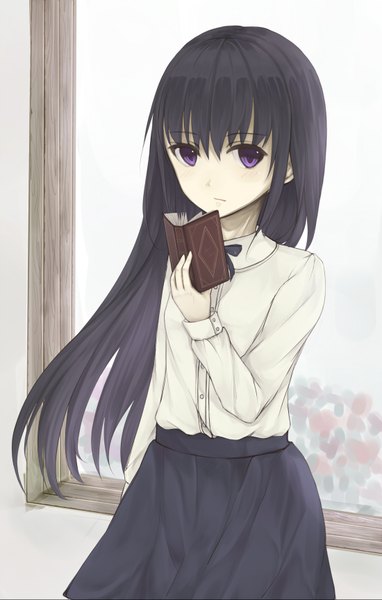 Anime picture 1100x1725 with original somma single long hair tall image looking at viewer black hair purple eyes girl skirt shirt window book (books)
