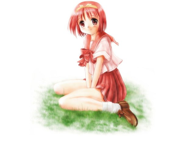 Anime picture 1172x938 with to heart kamigishi akari single looking at viewer blush short hair white background sitting brown eyes full body red hair light smile wariza girl uniform plant (plants) serafuku boots grass