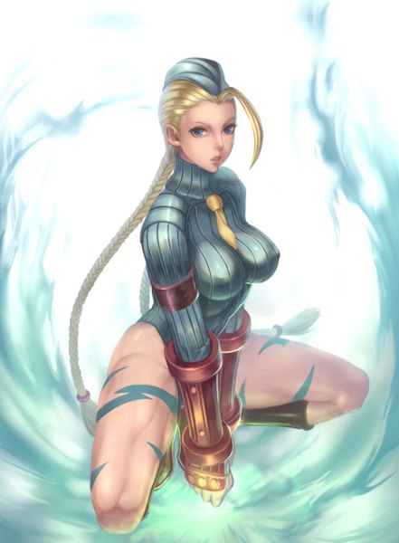 Anime picture 1872x2544 with street fighter capcom cammy white yazuwo single long hair tall image looking at viewer highres breasts blue eyes light erotic blonde hair lips spread legs erect nipples covered nipples girl beret