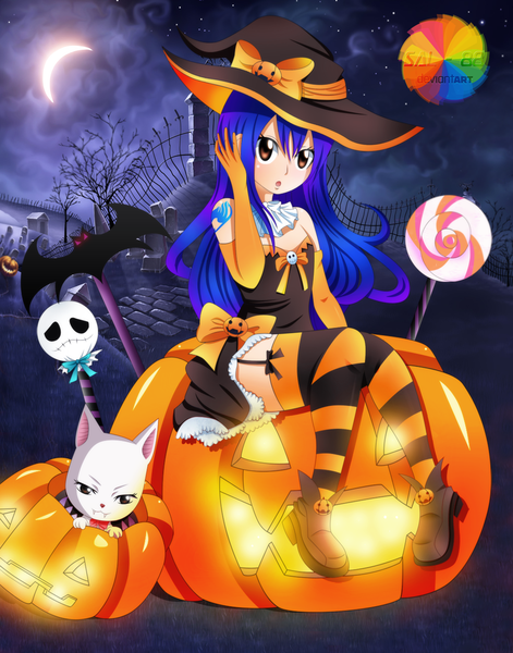 Anime picture 1000x1273 with fairy tail wendy marvell charle (fairy tail) sal-88 long hair tall image bare shoulders brown eyes blue hair cloud (clouds) night teeth :o loli fang (fangs) tattoo night sky coloring halloween crescent