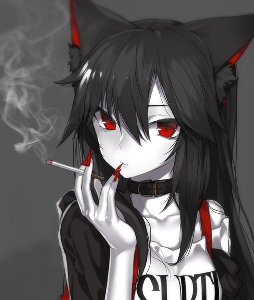 Anime picture 1200x1417 with touhou imaizumi kagerou hitoshi single long hair tall image looking at viewer fringe simple background hair between eyes red eyes holding animal ears nail polish fingernails off shoulder alternate costume finger to mouth monochrome smoke