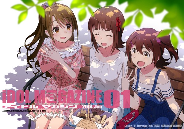 Anime picture 1228x862 with idolmaster idolmaster cinderella girls idolmaster million live! amami haruka shimamura uzuki kasuga mirai taku1122 long hair blush fringe short hair open mouth smile brown hair sitting bare shoulders multiple girls brown eyes yellow eyes looking away