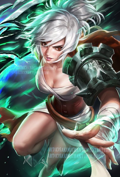 Anime picture 612x900 with league of legends riven (league of legends) sakimichan single long hair tall image looking at viewer fringe smile standing brown eyes signed cleavage silver hair bent knee (knees) ponytail parted lips arm up lips realistic