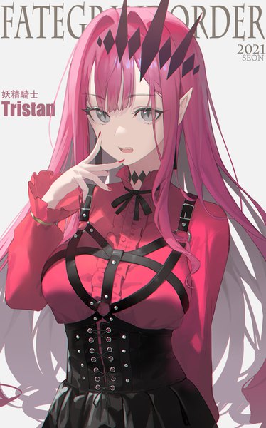 Anime picture 749x1200 with fate (series) fate/grand order baobhan sith (fate) seon (seonon ) single long hair tall image looking at viewer fringe breasts open mouth simple background large breasts payot pink hair upper body long sleeves nail polish arm up fingernails