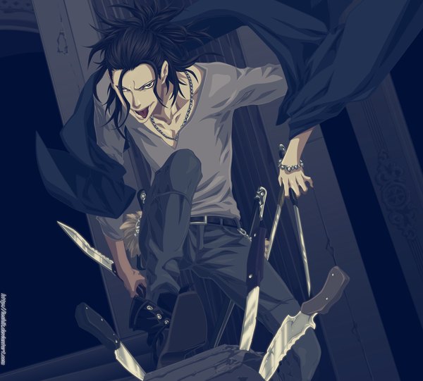Anime picture 2218x2000 with dogs: bullets & carnage david production fuyumine magato ioshik single long hair highres black hair smile grey eyes coloring boy weapon belt tongue pants cloak knife