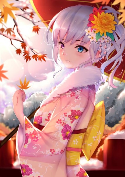 Anime picture 620x876 with original genkung single tall image blush fringe short hair blue eyes standing purple eyes holding payot looking away silver hair upper body ponytail traditional clothes parted lips japanese clothes hair flower