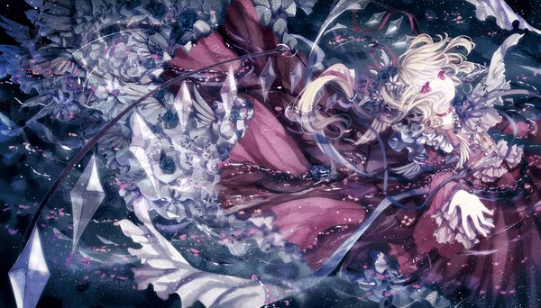 Anime picture 2101x1200 with touhou flandre scarlet yasato single long hair fringe highres blonde hair wide image purple eyes looking away long sleeves nail polish hair flower fingernails wide sleeves outstretched hand girl dress hair ornament
