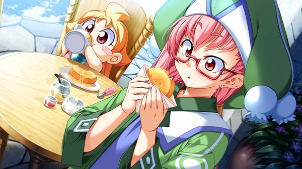 Anime picture 1024x576 with taiyou no promia amari na bembe berbel promia long hair red eyes wide image pink hair game cg chibi girl glasses food
