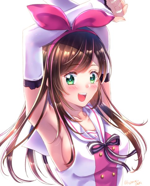 Anime picture 2050x2535 with virtual youtuber a.i. channel kizuna ai fujimori shiki single long hair tall image blush fringe highres breasts open mouth light erotic simple background brown hair large breasts white background green eyes signed payot