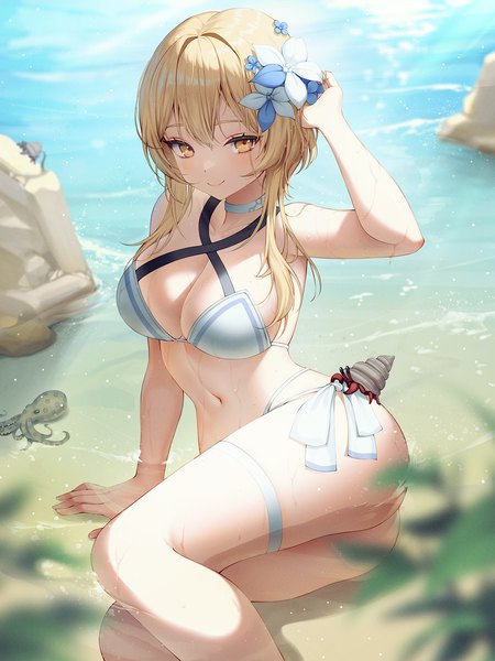 Anime picture 1500x2000 with genshin impact lumine (genshin impact) mellozzo single long hair tall image looking at viewer blush fringe breasts light erotic blonde hair smile hair between eyes large breasts sitting yellow eyes cleavage outdoors ass