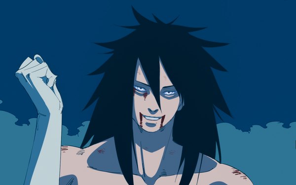 Anime picture 1176x735 with naruto studio pierrot naruto (series) uchiha madara god66666666 single long hair fringe black hair smile hair between eyes arm up portrait topless clenched teeth blood on face spiked hair rinnegan boy blood