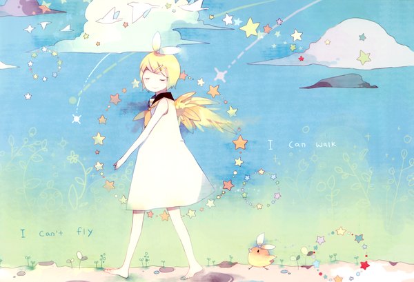 Anime picture 3491x2381 with weightlessness space (artbook) vocaloid kagamine rin kyang692 single highres short hair blonde hair absurdres sky cloud (clouds) eyes closed text english girl dress bow hair bow animal wings