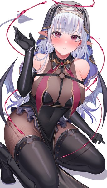 Anime picture 1000x1750 with original amahara subaru single long hair tall image looking at viewer blush fringe breasts light erotic simple background large breasts purple eyes silver hair tail blunt bangs head tilt arm up pointy ears kneeling