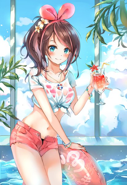Anime picture 1500x2179 with virtual youtuber a.i. channel kizuna ai munape single long hair tall image looking at viewer fringe blue eyes light erotic smile brown hair standing payot sky cloud (clouds) ponytail indoors multicolored hair