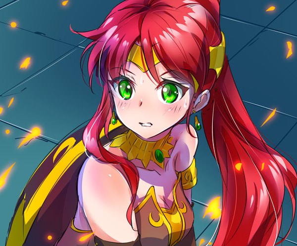 Anime picture 1541x1280 with rwby rooster teeth pyrrha nikos iesupa single long hair bare shoulders green eyes upper body ponytail red hair clenched teeth meme screencap redraw sailor moon redraw challenge girl earrings fire armlet tiles