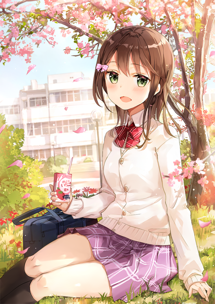 Anime picture 800x1131 with original fuumi (radial engine) single long hair tall image looking at viewer blush fringe open mouth hair between eyes brown hair sitting holding green eyes sky outdoors long sleeves :d cherry blossoms plaid skirt