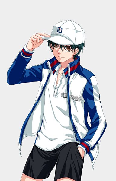 Anime picture 826x1290 with prince of tennis echizen ryoma gedoooo single tall image looking at viewer short hair black hair simple background brown eyes grey background open clothes open jacket hand in pocket clothes writing boy uniform jacket gym uniform baseball cap