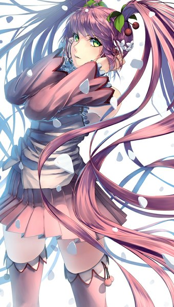 Anime picture 568x1000 with vocaloid hatsune miku sakura miku touboku single tall image looking at viewer white background twintails green eyes pink hair very long hair girl thighhighs dress detached sleeves petals
