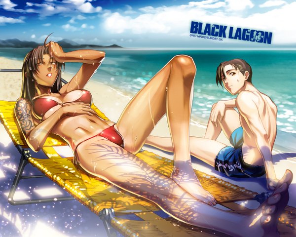 Anime picture 1280x1024 with black lagoon madhouse revy (black lagoon) okajima rokuro hiroe rei light erotic sitting lying tattoo beach dark skin girl boy navel swimsuit bikini water sea swimming trunks