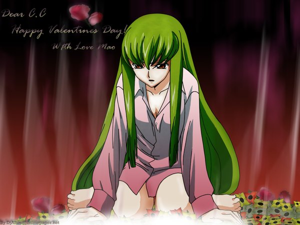 Anime picture 1600x1200 with code geass sunrise (studio) c.c. single long hair fringe yellow eyes parted lips green hair inscription bare legs looking down girl flower (flowers)