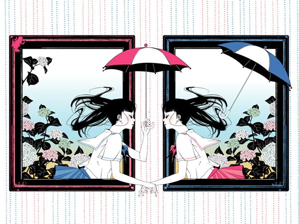 Аниме картинка 1059x794 с mihoshi (artist) длинные волосы румянец чёрные волосы несколько девушек закрытые глаза девушка форма цветок (цветы) 2 девушки школьная форма сэрафуку зонт рамка лягушка