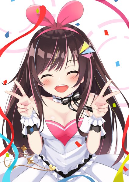 イラスト 2976x4209 と バーチャルyoutuber a.i. channel キズナアイ kizuna ai (anniversary) をれおん ソロ 長髪 長身像 カメラ目線 赤面 前髪 highres おっぱい 開いた口 simple background 茶色の髪 肩出し cleavage upper body eyes closed