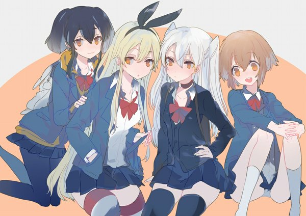 Anime picture 1024x725 with kantai collection shimakaze destroyer amatsukaze destroyer yukikaze destroyer tokitsukaze destroyer agu long hair looking at viewer blush short hair open mouth light erotic black hair blonde hair smile brown hair sitting twintails multiple girls :d