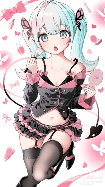 Anime-Bild 720x1280 mit vocaloid hatsune miku shirubaa single long hair tall image looking at viewer fringe breasts open mouth light erotic standing twintails bare shoulders holding pink hair cleavage bent knee (knees) tail blunt bangs