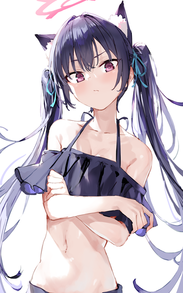 Anime picture 1904x3035 with blue archive serika (blue archive) serika (swimsuit) (blue archive) xkirara39x single long hair tall image looking at viewer fringe highres light erotic black hair simple background hair between eyes white background purple eyes twintails animal ears upper body head tilt