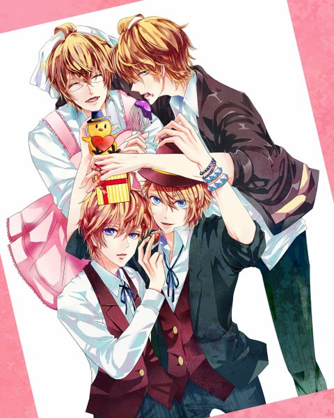 Anime picture 1000x1250 with uta no prince-sama a-1 pictures kurusu shou shinomiya natsuki shinomiya satsuki kurusu kaoru kome (pixiv 1099781) tall image looking at viewer short hair blue eyes blonde hair green eyes eyes closed open clothes open jacket multiple boys eating open collar siblings