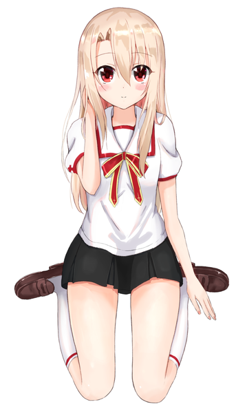 Anime picture 1000x1670 with fate (series) fate/kaleid liner prisma illya illyasviel von einzbern akagikoku single long hair tall image looking at viewer blush fringe blonde hair simple background hair between eyes red eyes white background sitting full body pleated skirt light smile :o