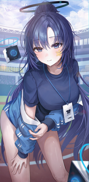 Anime picture 2208x4500 with blue archive yuuka (blue archive) yuuka (gym uniform) (blue archive) myowa single long hair tall image looking at viewer blush fringe highres breasts blue eyes light erotic hair between eyes standing blue hair sky cloud (clouds) outdoors