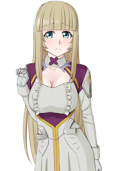 Anime picture 794x1123 with ore dake haireru kakushi dungeon maria (ore dake haireru kakushi dungeon) easy (easycrew) single long hair tall image looking at viewer blush fringe breasts blue eyes simple background blonde hair large breasts standing white background payot cleavage blunt bangs embarrassed