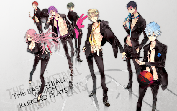 Anime picture 1800x1125 with kuroko no basket production i.g kuroko tetsuya kise ryouta aomine daiki midorima shintarou murasakibara atsushi momoi satsuki seijuro akashi kuon (uzausa) long hair highres short hair open mouth blue eyes black hair simple background blonde hair wide image standing