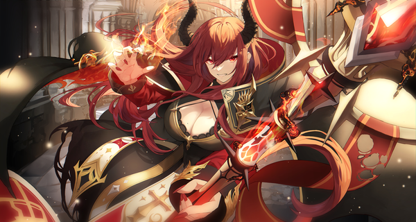 Anime picture 5062x2700 with original josal single long hair looking at viewer fringe highres breasts light erotic hair between eyes red eyes wide image holding absurdres red hair indoors long sleeves nail polish horn (horns) fingernails