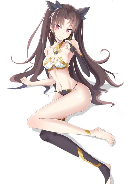 Anime picture 3307x4488 with fate (series) fate/grand order ishtar (fate) c3yooooo single long hair tall image blush highres breasts light erotic simple background red eyes brown hair white background bare shoulders payot looking away absurdres full body
