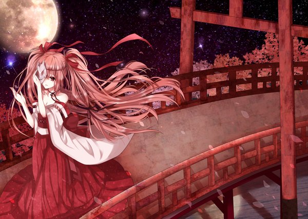 Anime picture 2000x1427 with vocaloid hatsune miku an-mar (tukumoooon) long hair highres red eyes brown hair twintails traditional clothes night miko girl detached sleeves petals moon mask