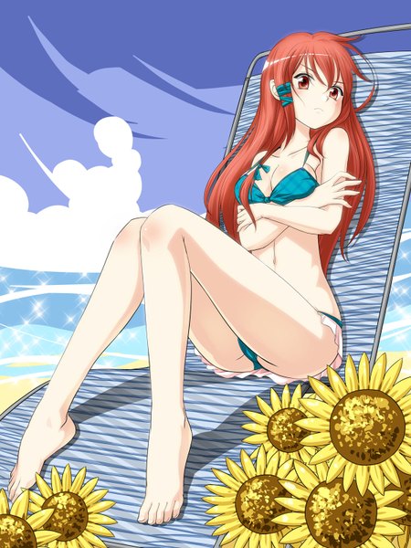 Anime picture 1200x1600 with original r.p.s single long hair tall image breasts light erotic red eyes cloud (clouds) red hair barefoot legs girl swimsuit bikini sunflower