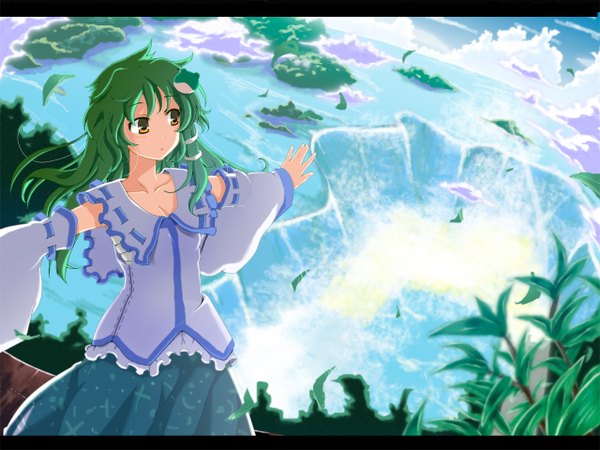 Anime picture 1280x960 with touhou kochiya sanae nejime single long hair fringe brown eyes payot looking away sky cloud (clouds) outdoors long sleeves green hair wind :o dutch angle turning head letterboxed spread arms