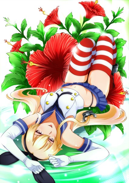 Anime picture 1130x1600 with kantai collection shimakaze destroyer makumaxu single long hair tall image light erotic blonde hair brown eyes lying pleated skirt armpit (armpits) :p naughty face girl thighhighs skirt gloves flower (flowers) elbow gloves