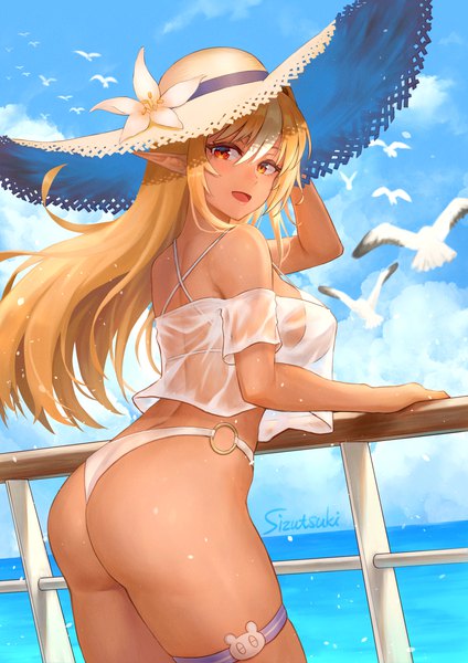 Anime picture 849x1200 with virtual youtuber hololive shiranui flare tsukizaki shizuka single long hair tall image looking at viewer fringe breasts open mouth light erotic blonde hair smile hair between eyes red eyes large breasts standing signed payot