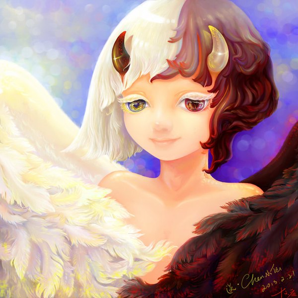 Anime picture 1024x1024 with original kuwata sakura (artist) single short hair bare shoulders signed multicolored hair horn (horns) light smile heterochromia demon girl oni horns girl wings feather (feathers)