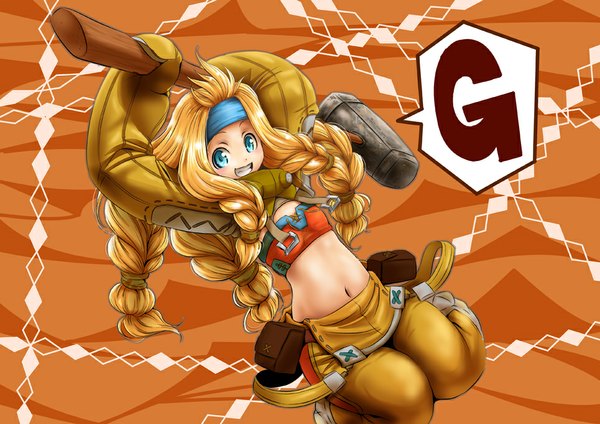 Anime picture 965x682 with monster hunter mana12 single long hair looking at viewer blush blue eyes blonde hair smile bare belly midriff girl navel speech bubble clothes