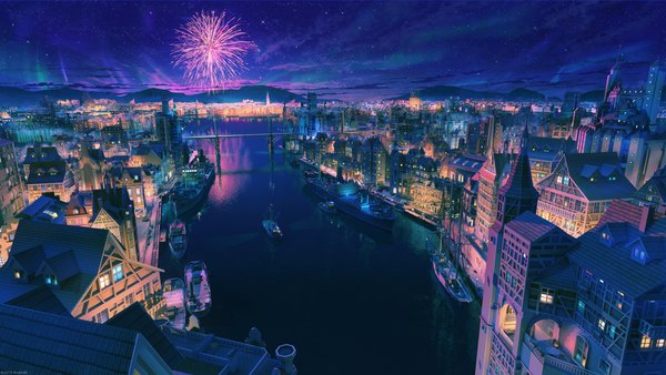 Anime picture 2560x1440 with original arsenixc highres wide image sky cloud (clouds) night night sky city cityscape mountain river fireworks ambiguous gender building (buildings) bridge watercraft tower ship boat