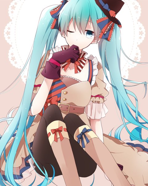 Anime picture 800x1000 with vocaloid hatsune miku ennui heiwa miku kashiko (coupy) single tall image twintails very long hair one eye closed aqua eyes wink aqua hair girl gloves bow ribbon (ribbons) hair ribbon hat