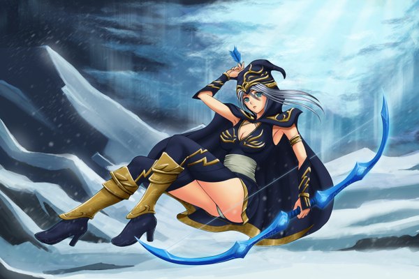 Anime picture 1499x1000 with league of legends ashe (league of legends) seiryu zaiten single long hair looking at viewer breasts blue eyes light erotic large breasts cleavage silver hair pantyshot winter gloves elbow gloves hood thigh boots bow (weapon) arrow (arrows)
