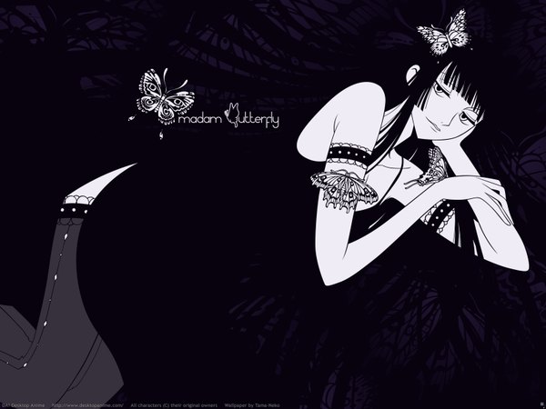 Anime picture 1600x1200 with xxxholic clamp ichihara yuuko tama-neko long hair very long hair monochrome girl thighhighs insect butterfly