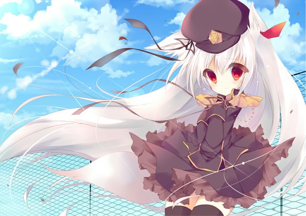 Anime picture 1023x723 with original umino mizu long hair looking at viewer red eyes animal ears sky cloud (clouds) white hair girl thighhighs dress black thighhighs petals peaked cap