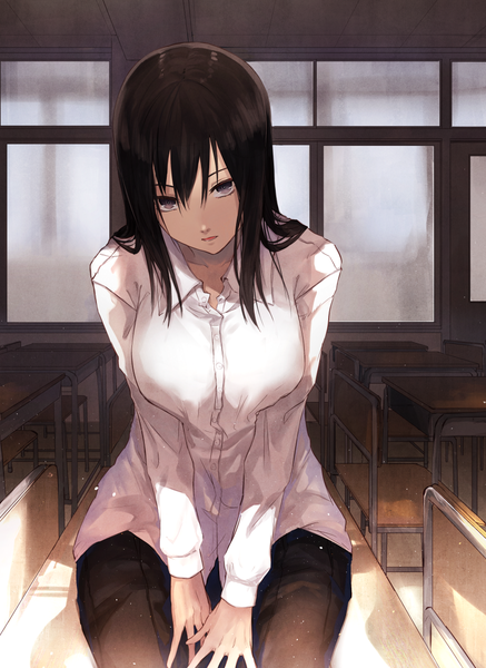 Anime picture 875x1200 with original eisuto single long hair tall image looking at viewer fringe open mouth black hair sitting black eyes girl shirt window white shirt desk